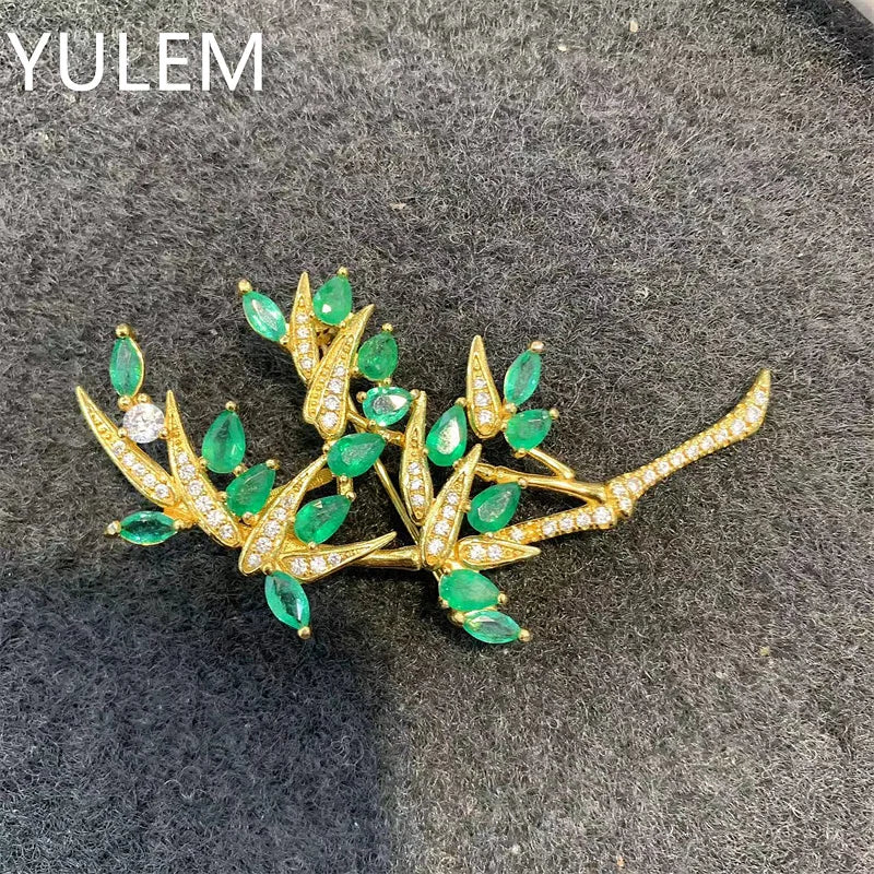 925 Sterling Silver Natural Emerald Brooch with Bamboo Leaves for Women