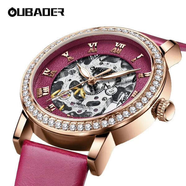 Stainless Steel Diamond Crystal Skeleton Automatic Watch for Women