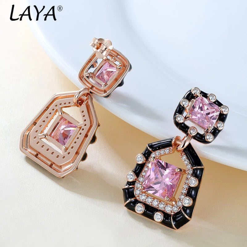 925 Sterling Silver Rose Gold Inlaid Synthetic Pink Crystal Huggie Earrings for Women