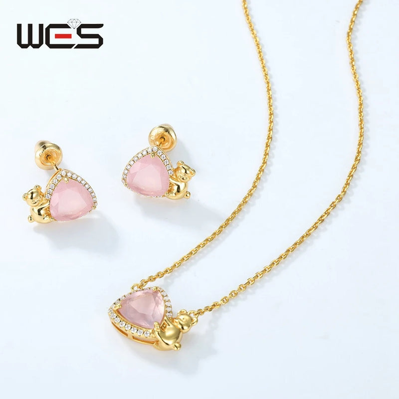 Gold Plated Cartoon Bear Necklace, Rose Quartz for Women