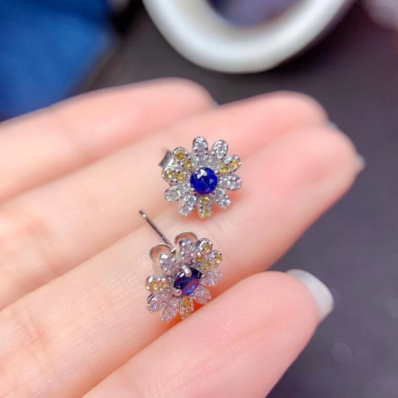 925 Sterling Silver Natural Sapphire Flower Stud Earrings for Women