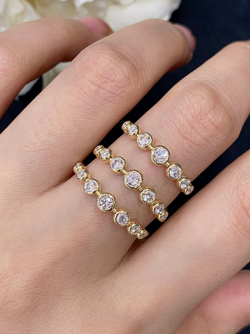 18K Yellow Gold Real Natural Diamond Seven Bubble Shape Rings for Women