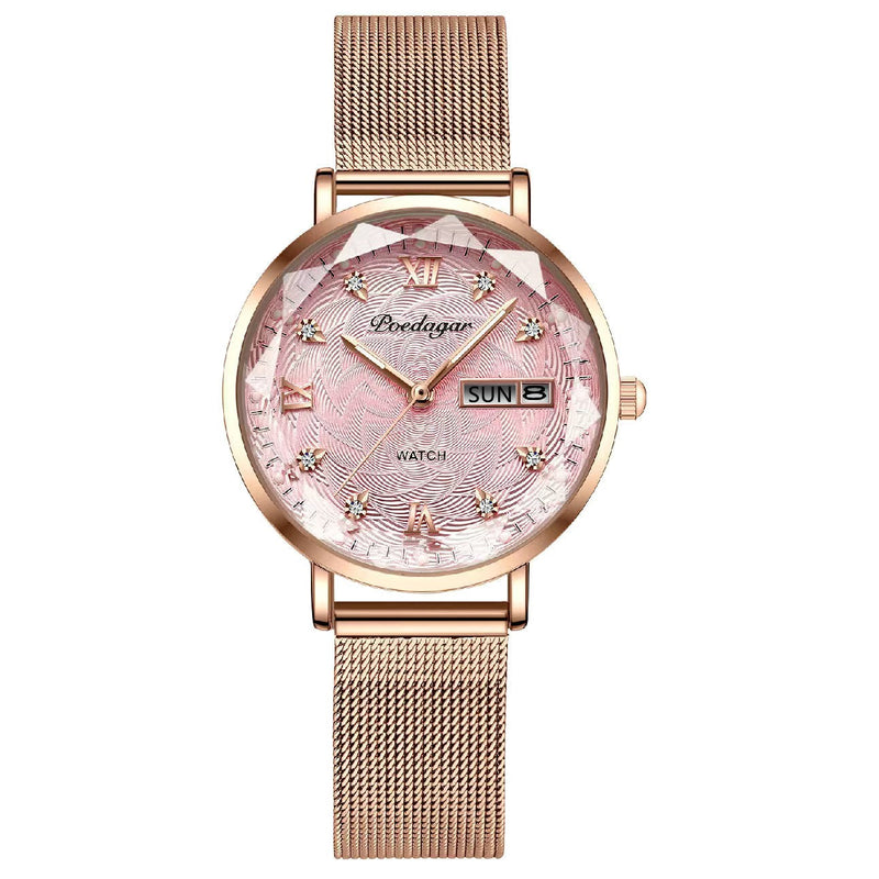 Stainless steel Luminous Quartz Date Week Waterproof Watch for women