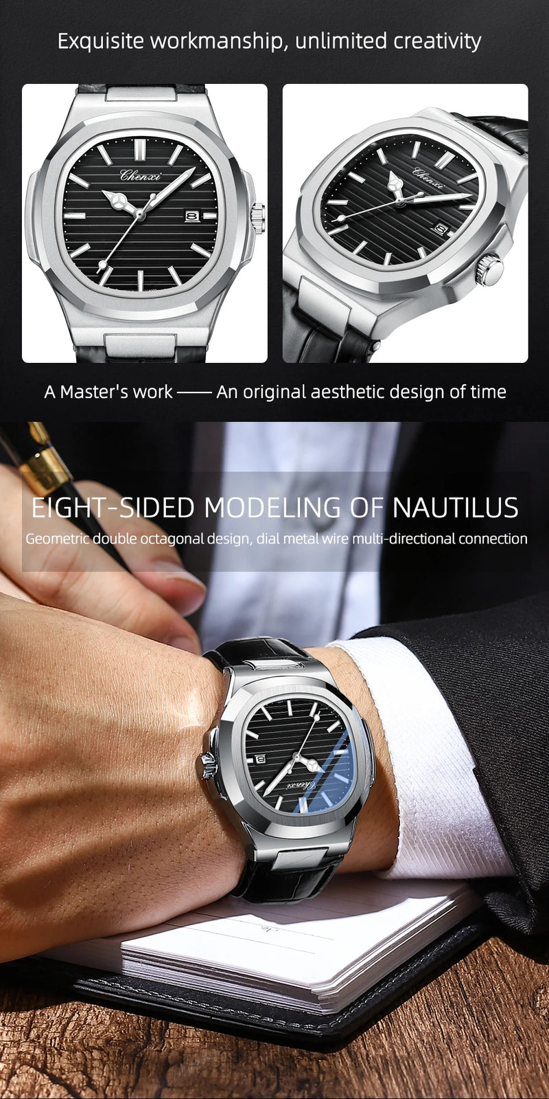 Stainless Steel Leather Luxury Transparent Quartz Watch with Date and Luminous Hands for Men