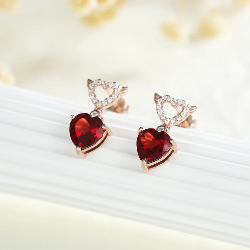 925 Sterling Silver Red Garnet Heart Dangling Earrings for Women