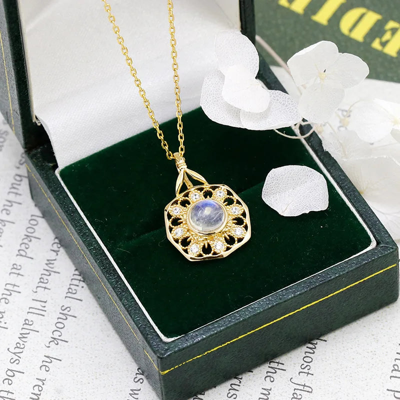 925 Sterling Silver Gold Plated Natural Moonstone Pendant Necklace for Women