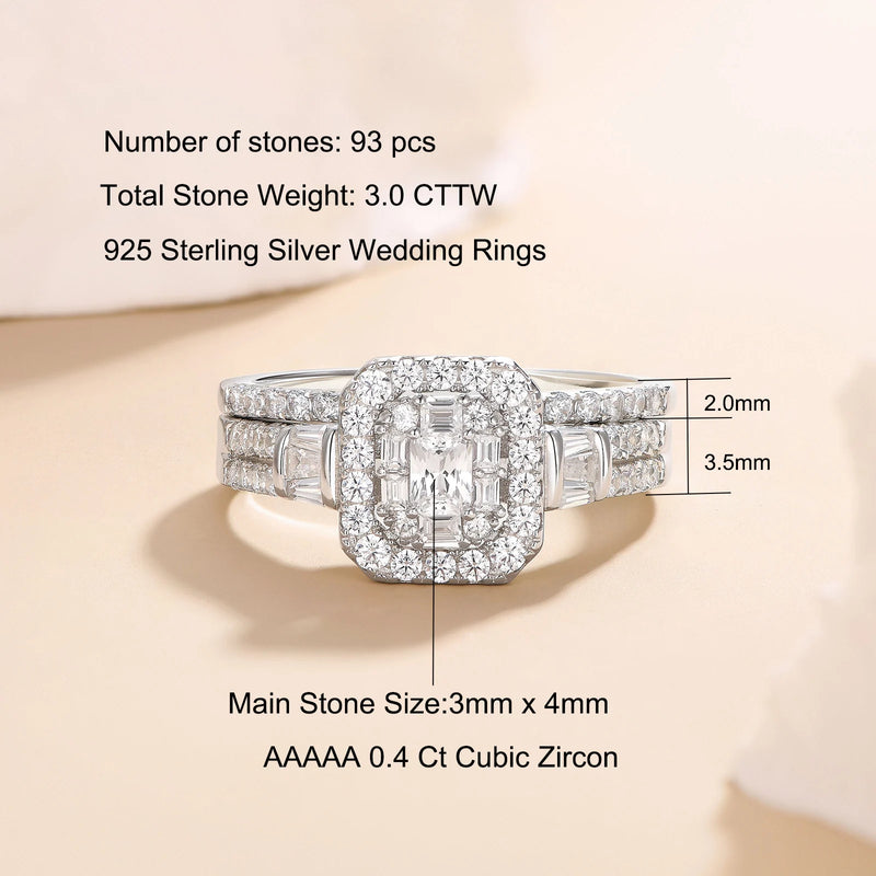 925 Sterling Silver Radiant CZ Halo Engagement Ring Set for Women