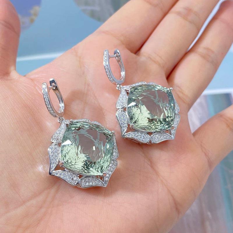 925 Sterling Silver Green Amethyst Dangle Earrings For Women