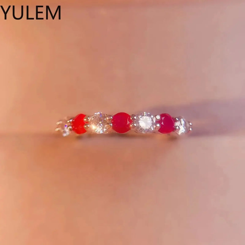 925 Silver Natural Myanmar Ruby with 3mm Moissanite Ring Adjustable Engagement Ring for Women