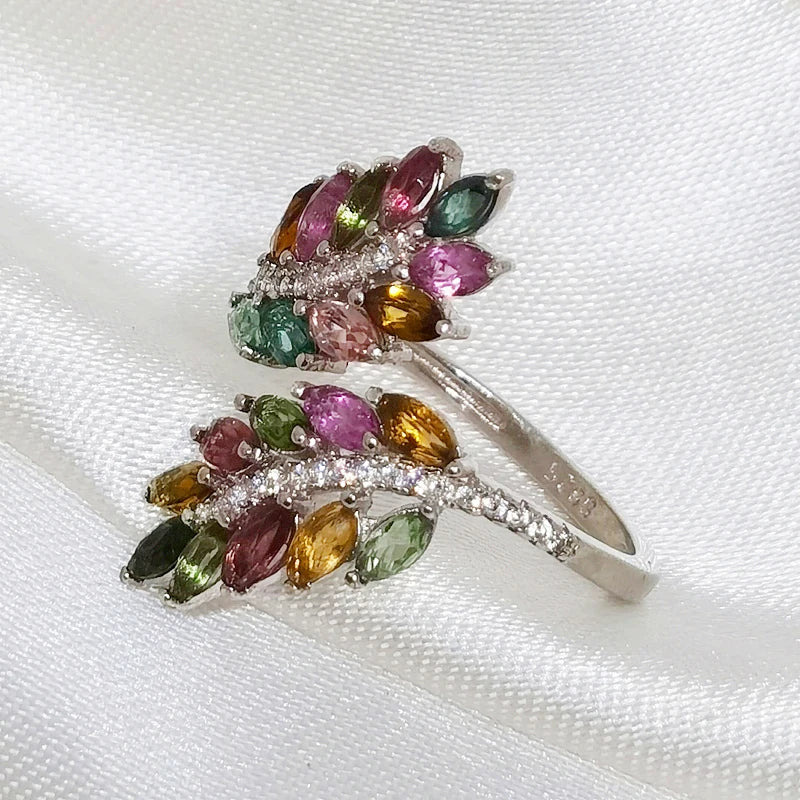 925 Sterling Silver Tourmaline Gemstone Feather Ring for Women