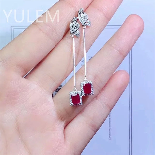 Silver (925) Pigeon Blood Ruby Drop Earrings (4x5mm) for Women