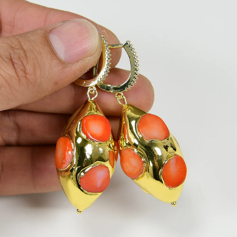 Gold Plated Orange Coral Olive Shape Dangle Earrings for Women