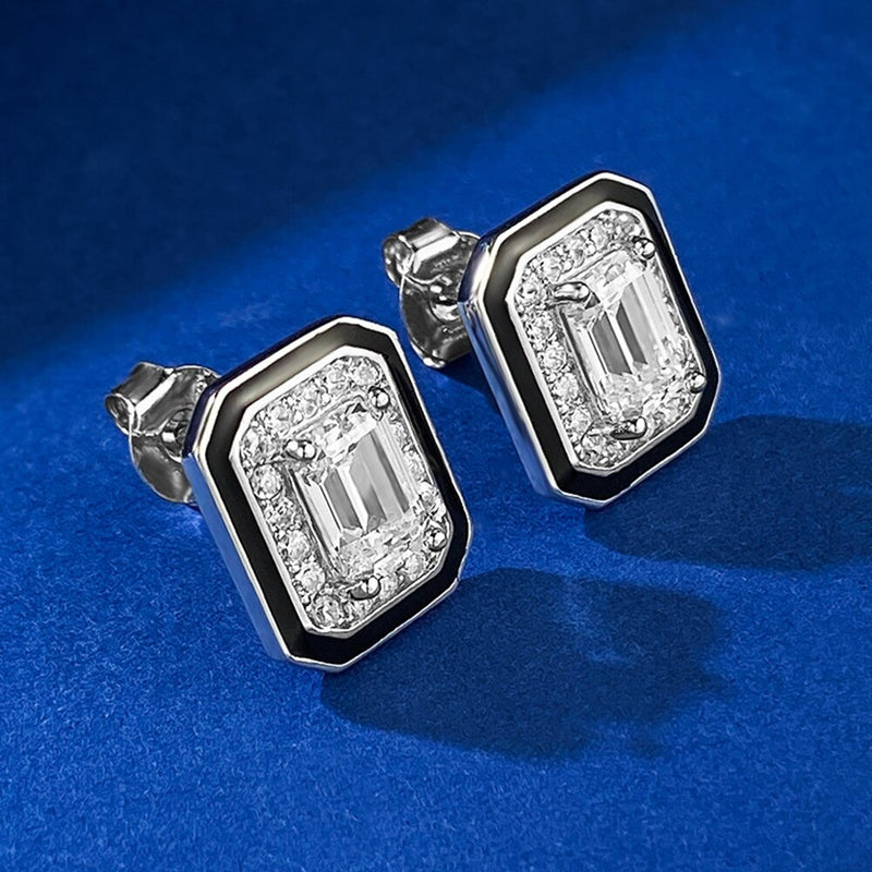 925 Sterling Silver Lab Sapphire Emerald Cut Earrings