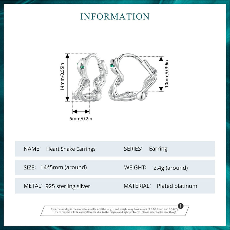 925 Sterling Silver Heart-Shaped Hoop Earrings with Spirit Snake for Women