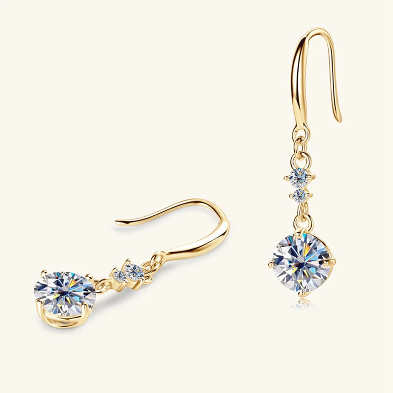 18K Gold Plated Sterling Silver Round Moissanite Drop Earrings for Women