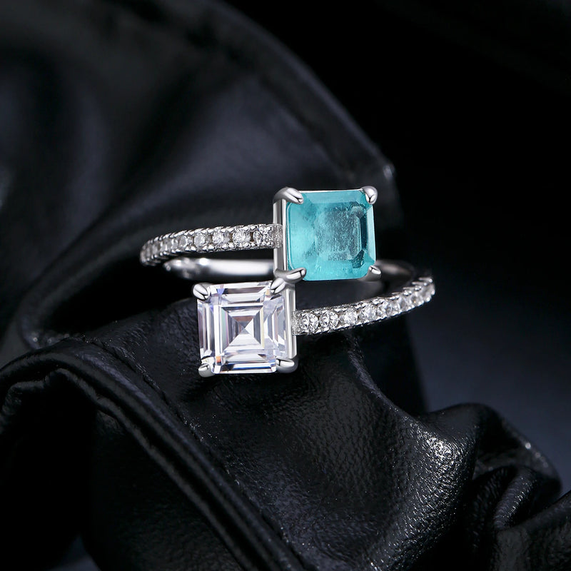 Sterling Silver Square Lab Paraiba Tourmaline CZ Ring For Women