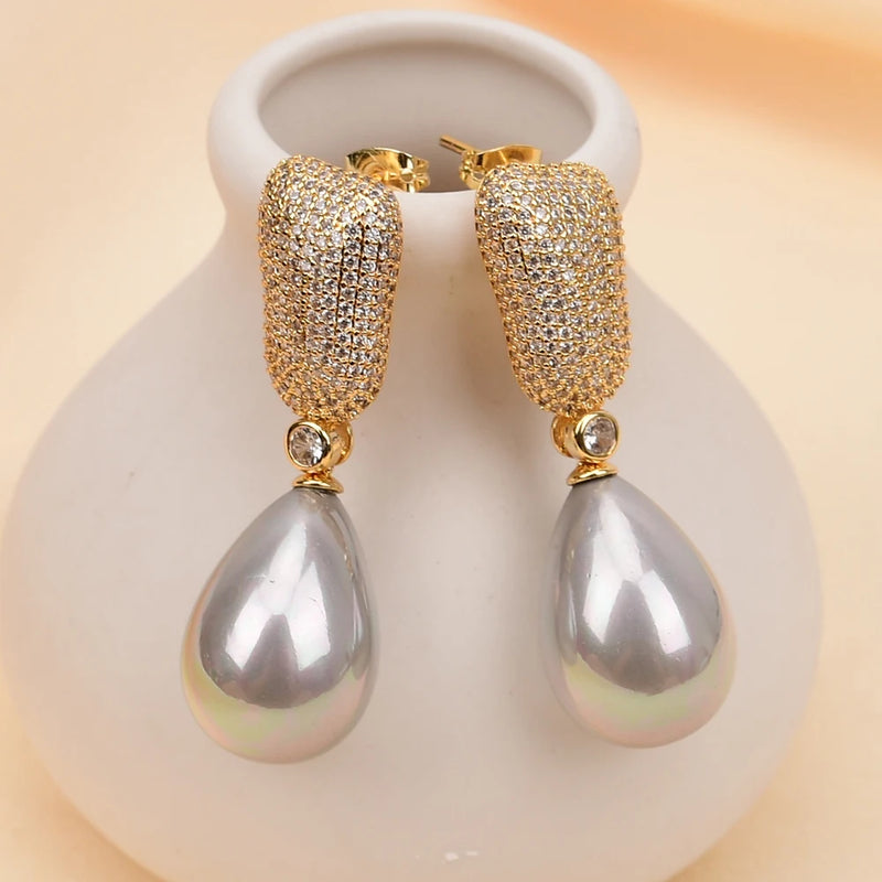 Gold Plated Natural Gray Sea Shell Pearl Teardrop CZ Earrings for Women