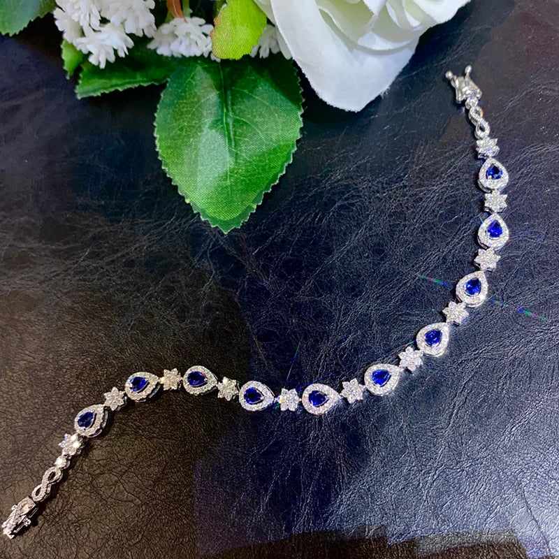 18K White Gold Blue Sapphire Heart Bracelet for Women