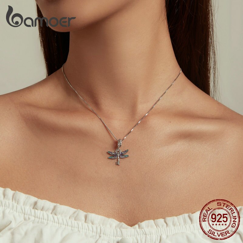 Sterling Silver Enamel Dragonfly Pendant Necklace for Women