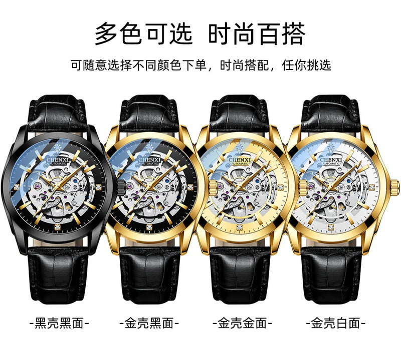 Stainless Steel Leather Strap Automatic Skeleton Luminous Waterproof Watch for Men