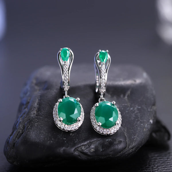 925 Sterling Silver Green Agate Gemstone Drop Earrings for Women