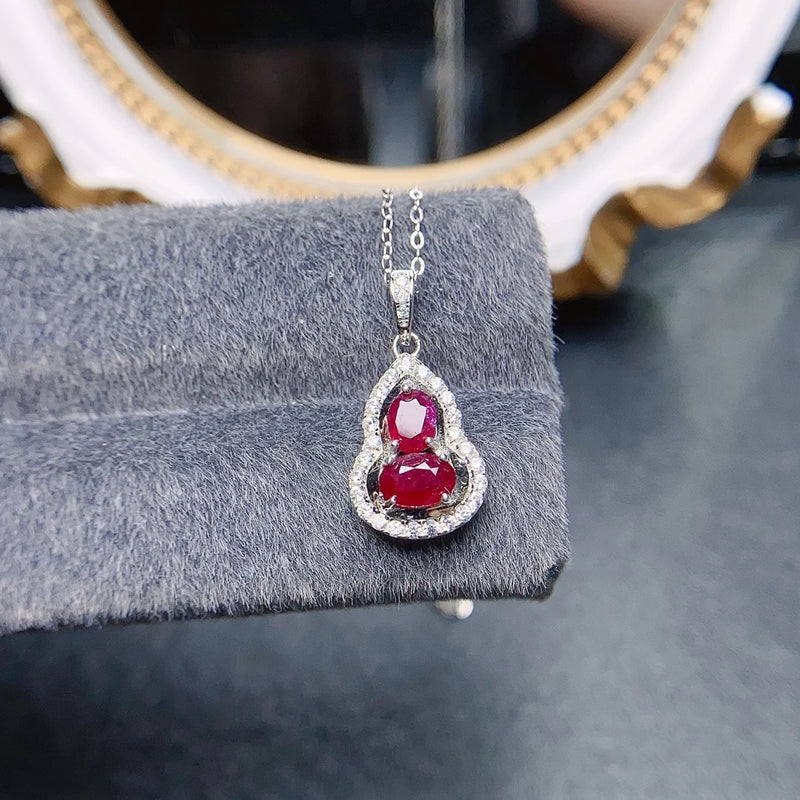 Sterling Silver Natural Ruby Gourd Pendant Necklace for Women