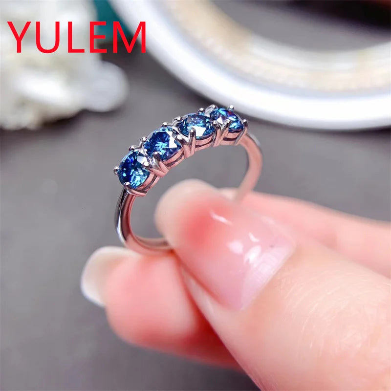 925 Sterling Silver Blue Moissanite Band Ring for Women