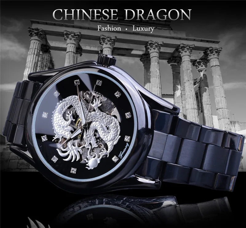 Golden Stainless Steel Skeleton Automatic Mechanical Watch for Men