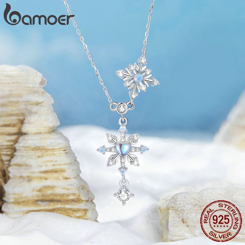 Sterling Silver Snowflake Pendant Necklace with Moonstone Starburst Chain for Women