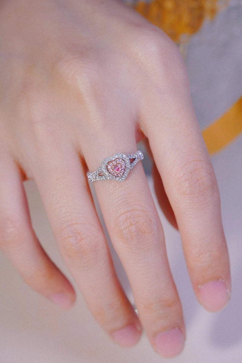 18K White Gold Real Natural Pink Diamond Heart Engagement Ring for Women