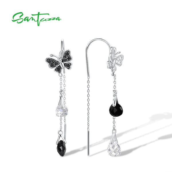 925 Sterling Silver Sparkling White CZ and Black Spinel Butterfly Earrings for Women