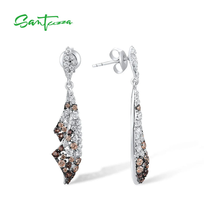 925 Sterling Silver Nano Brown Spinel Champagne CZ Dangling Earrings for Women