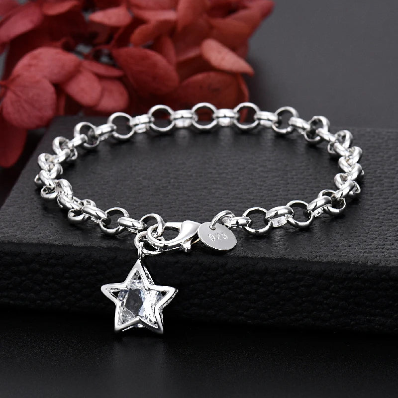 Sterling Silver Crystal Star Necklace Earring Bracelet Set for Women