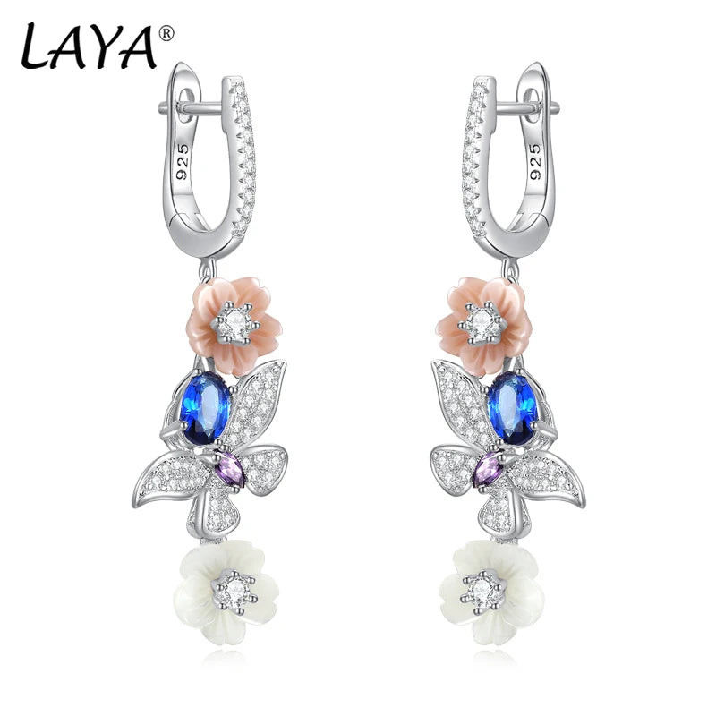 Sterling Silver Pink Shell Flower Zircon Earrings for Women