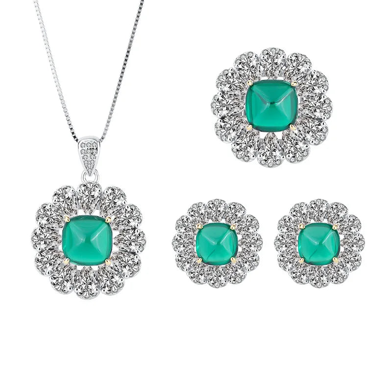 Sterling Silver, 5A Zircon & Emerald Sugar Tower Pendant & Ring earring Set for Women