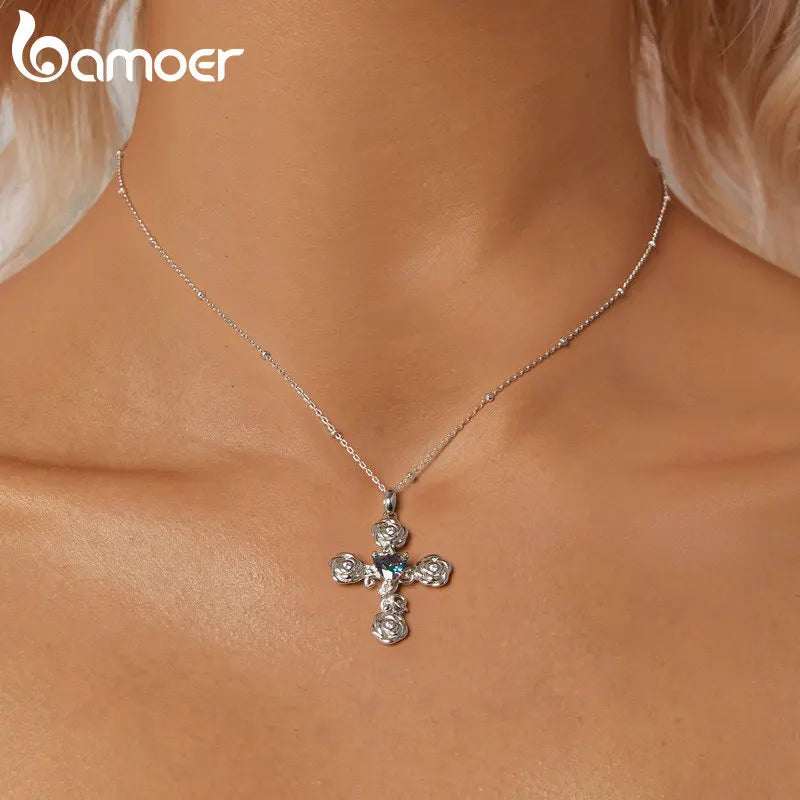 Sterling Silver Cross Pendant Necklace with Rose Pattern for Women