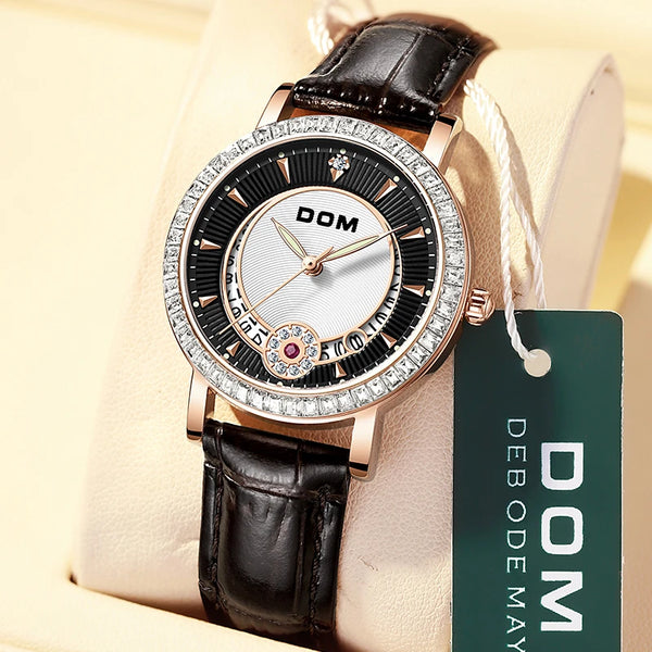 Black Diamond Quartz Leather Watch for Women