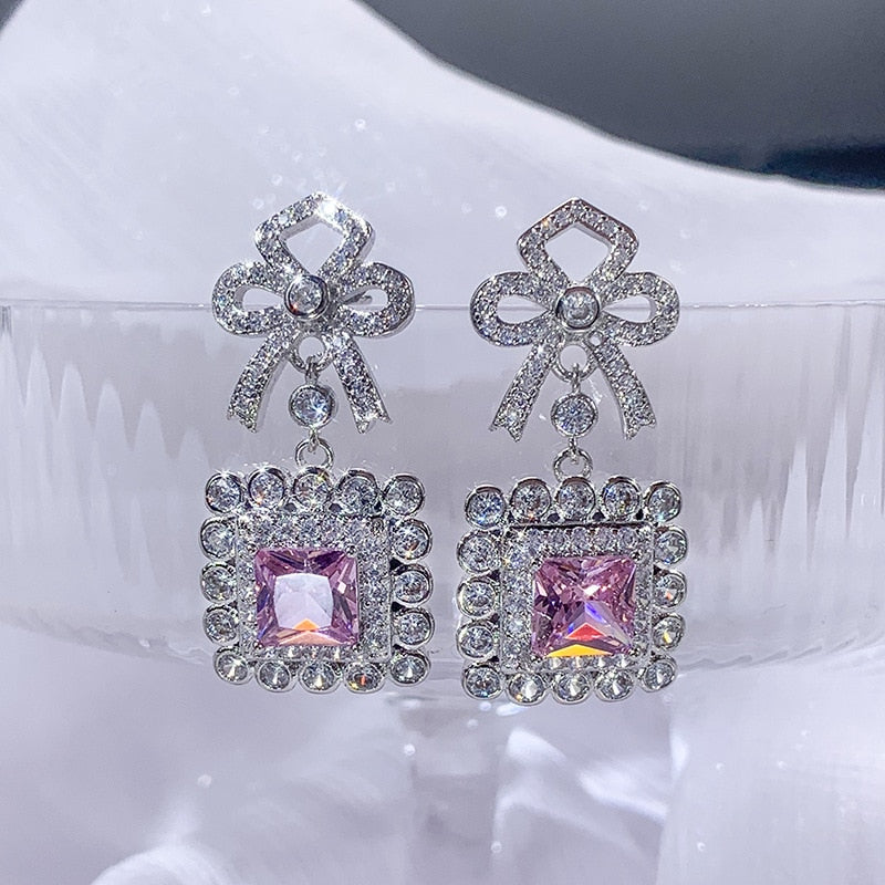 925 Silver Pink Diamond (Square Inlaid) Bow Earrings for Women