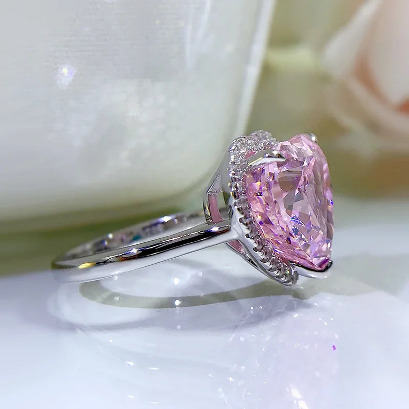 Sterling Silver Pink Diamond Love Shape Ring for Women