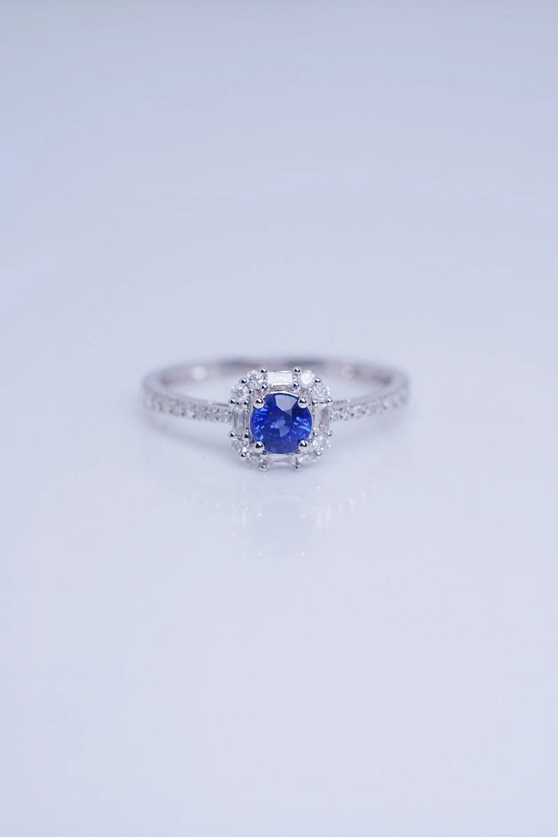 18K White Gold Natural Diamond and Sapphire Square Ring for Women