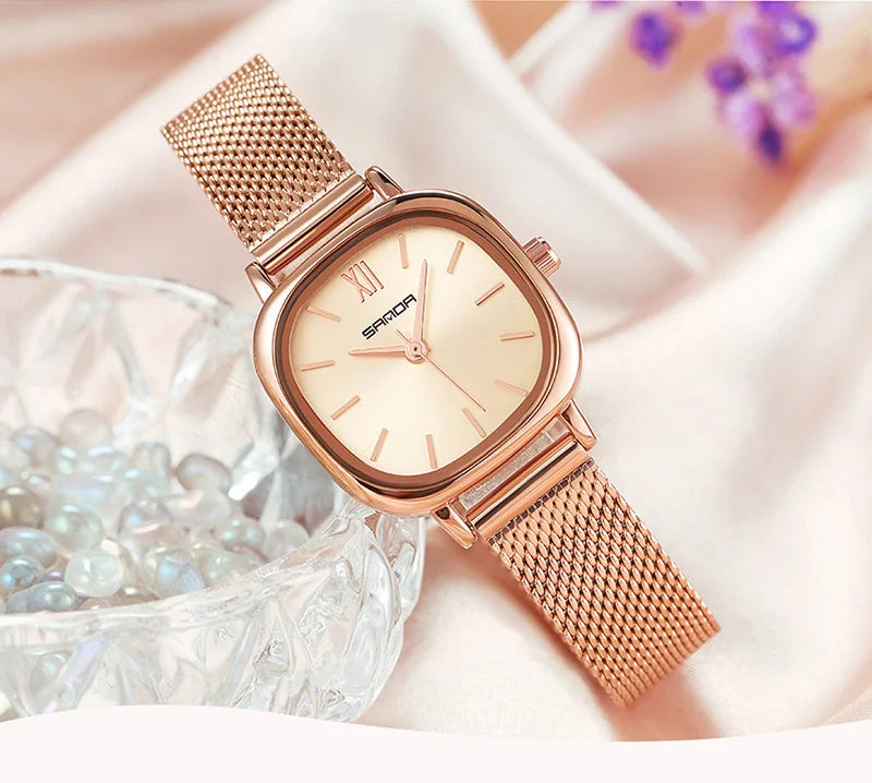 Stainless Steel Leather Mesh Quartz Watch for Women