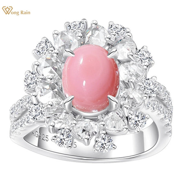 Wong Rain 925 Sterling Silver 7*9 MM Oval Natural Conch Pinkshells Gemstone Romantic Ring for Women Wedding Engagement Jewelry