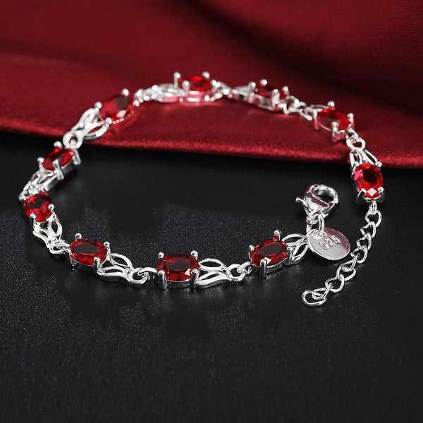 Sterling Silver Wild Red Crystal Chain Bracelet for Women