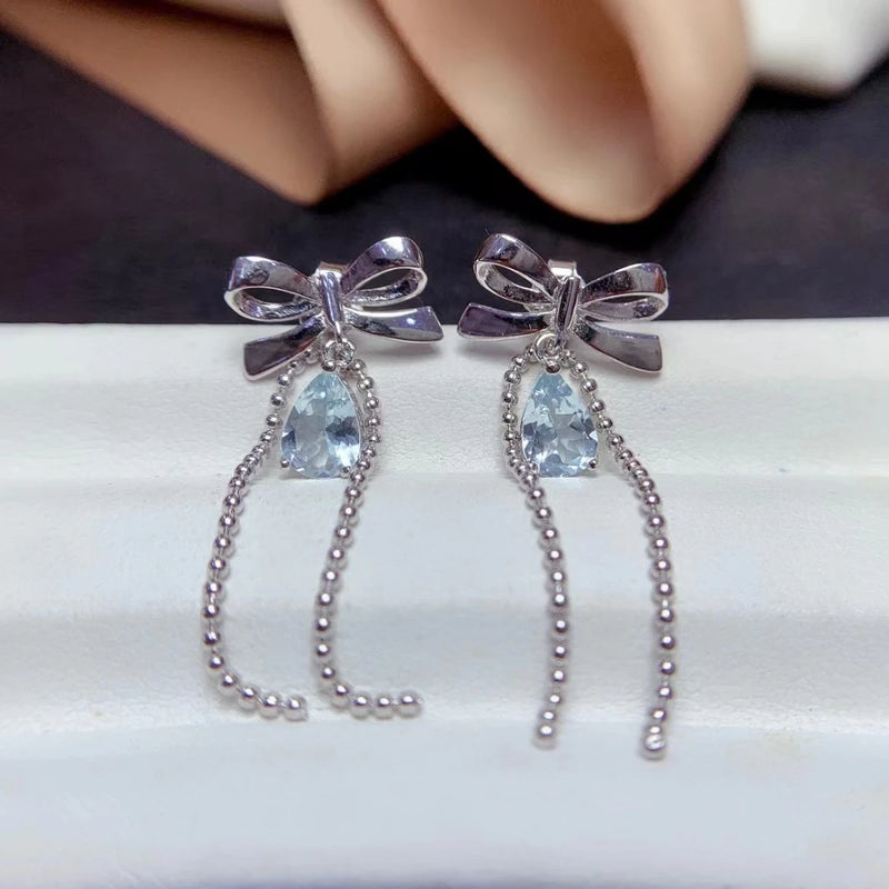 Sterling Silver Aquamarine Bowknot Tassel Earrings for Women