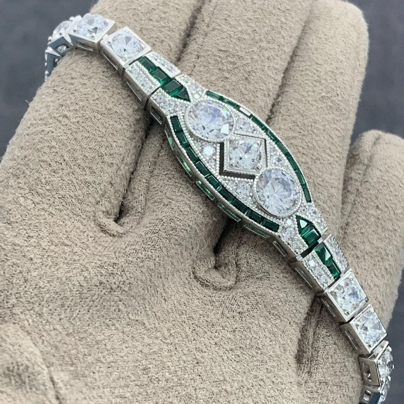 Sterling Silver Round Cut Emerald High Carbon Diamond Bracelet