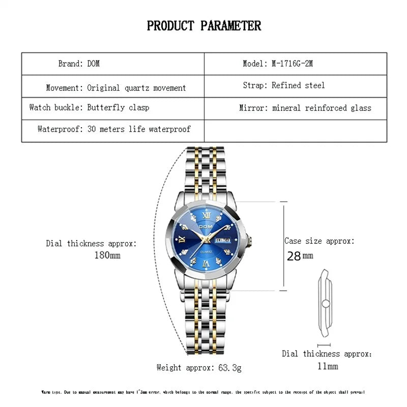 Stainless Steel Calendar Quartz Wristwatch for Women