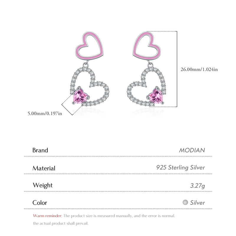 Sterling Silver Pink CZ Enamel Heart Dangle Earrings for Women