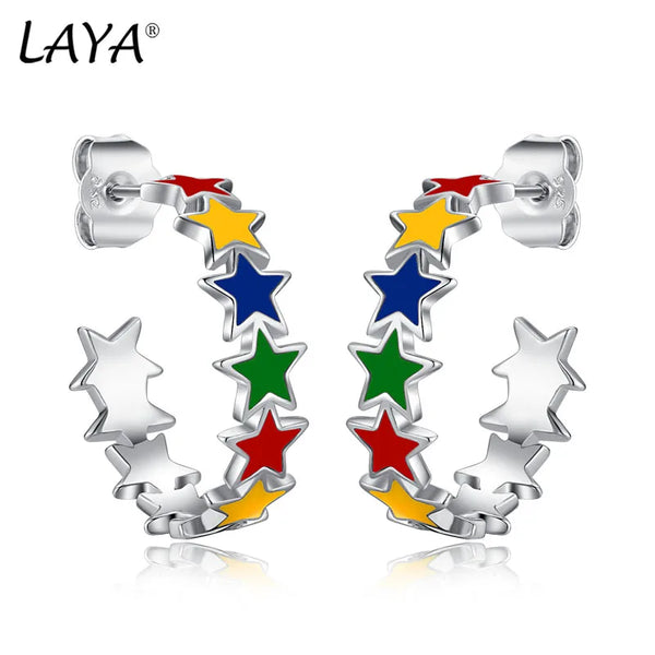 925 Sterling Silver Star Shape Enamel Hoop Earrings for Women