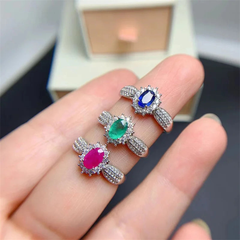 925 Silver Natural Sapphire, Emerald & Ruby Ring for Women