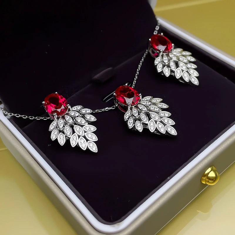 Sterling Silver Simulated Ruby and Diamond Earrings and Necklace Set for Women